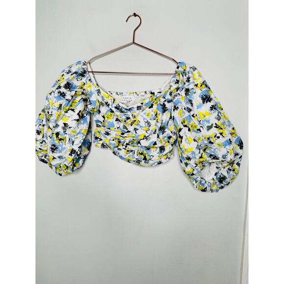 TANYA TAYLOR Blue Floral Cotton Off Shoulder Puff Sleeves Alondra Top Size 2 - Picture 4 of 14